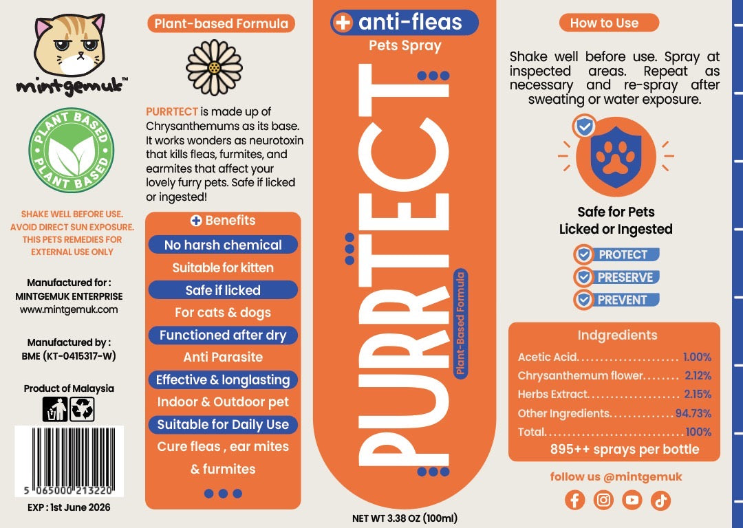 Purrtect Anti-Fleas Pets Spray Anti Parasitic