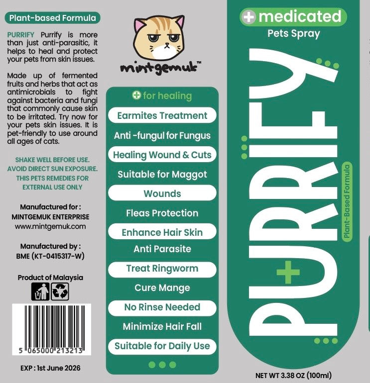 PURRIFY Medicated Pet Spray Anti Parasitic ,Anti Fungal , Anti Inflammation , Anti Bacteria , Anti Microbial